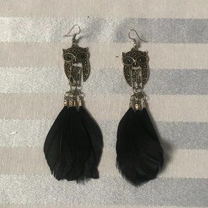 Black-feathered Silver-toned Owl Hook Earrings